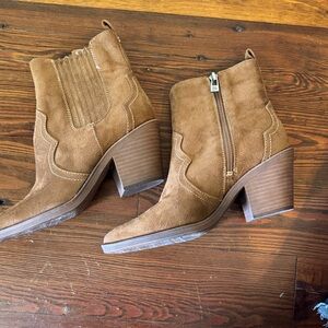 Suede Chelsea Ankle Booties in Camel Brown with Stacked Heel